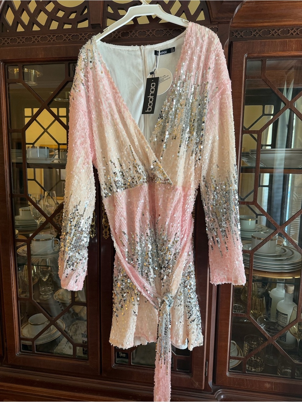 Boohoo Pink Sequin Faux Wrap Mini Dress